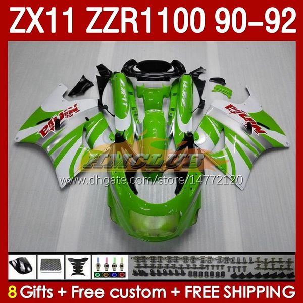 Fer￢ncias OEM para Kawasaki Ninja ZZR1100 ZX 11 R 11R 1990-1992 Corpo 164NO.7 ZX-11 R ZZR 1100 CC ZX-11R ZZR-1100 ZX11R 90 91 92 ZX11 R 1990 1991 1992 Fairing Kit Green Glossy