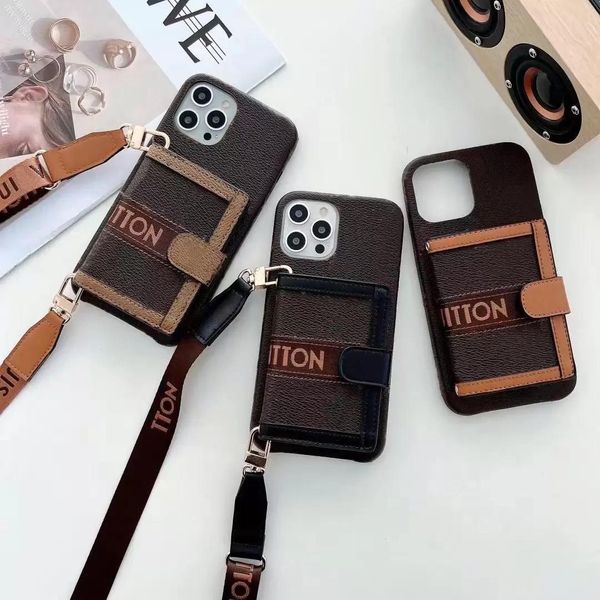 Estuches oficiales para teléfono con billetera cruzada para iPhone 14 13 12 11 Pro max 14pro 13pro 12pro X Xs Xr 8 7 plus Bolso de diseñador de cuero Estuche de flor marrón con caja de logotipo de regalo