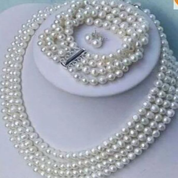 Bellissimi gioielli da donna 4 file bianco 6-7MM bracciale collana di perle SET SET 17-19