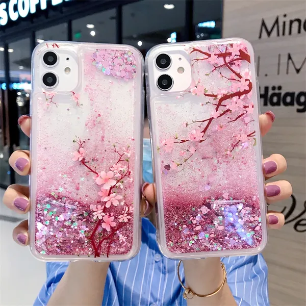 Casos de areia movedi￧a de l￭quido glitter para iPhone 14 13 12 11 Pro m￡ximo xs xr x 7 8 mais flores de mola rosa Tampa tpu clara e clara