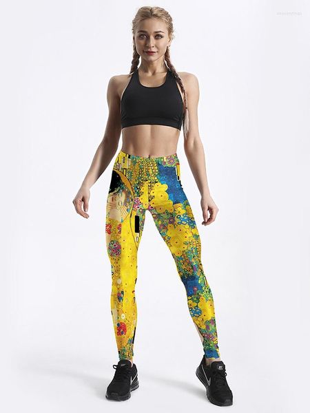 Leggings da donna 12% spandex allenamento sexy giallo donna forza stampata amore retro pittura pantaloni push up