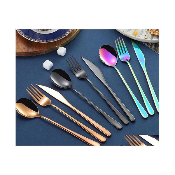 Set di posate Set coreano Manico lungo in acciaio inossidabile Coltello Forchetta Cucchiaio Bacchette Set Colorf Posate per accessori da cucina per matrimoni Dhjrl