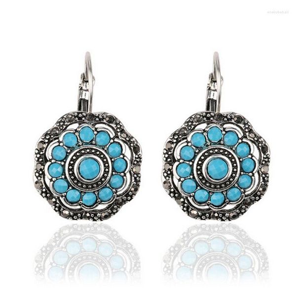 Boucles D'Oreilles Créoles Bohème Ethnique Résine Brinco Rond Petit Antique Couleur Argent Femme Acessorios