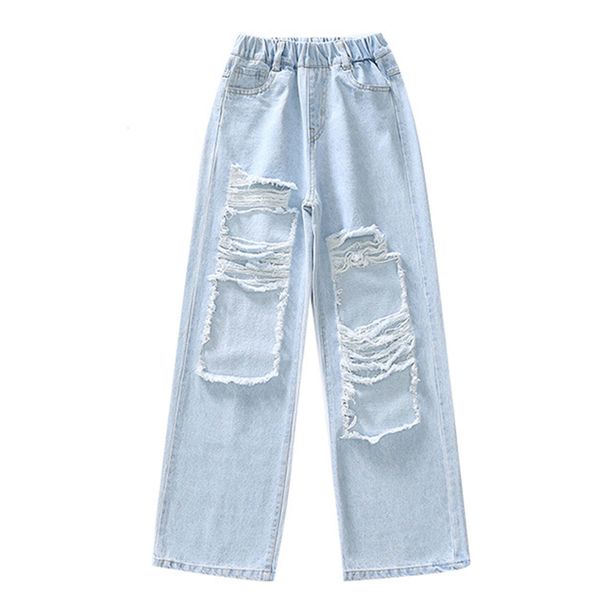 Calça infantil crianças calças calças moda moda de jeans rasgada sola bolsos de cintura de banda larga perna larga jeans angustiados para desgaste diário 221207