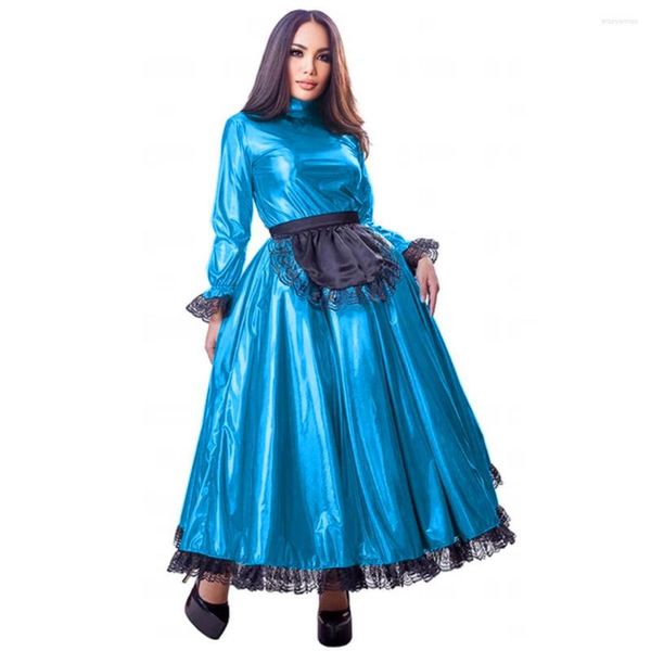 Casual Dresses Vintage Kleid Party Prinzessin Renaissance Cosplay mit schwarzer Spitze Wet Look Maxi Frauen Flare Sleeve Lange Vestidos