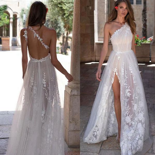 Vestido de noiva de fenda lateral de alta fenda bohemiana sexy um ombro de renda sem ombro de tule tule bridal vestidos de noiva de mariee 2022