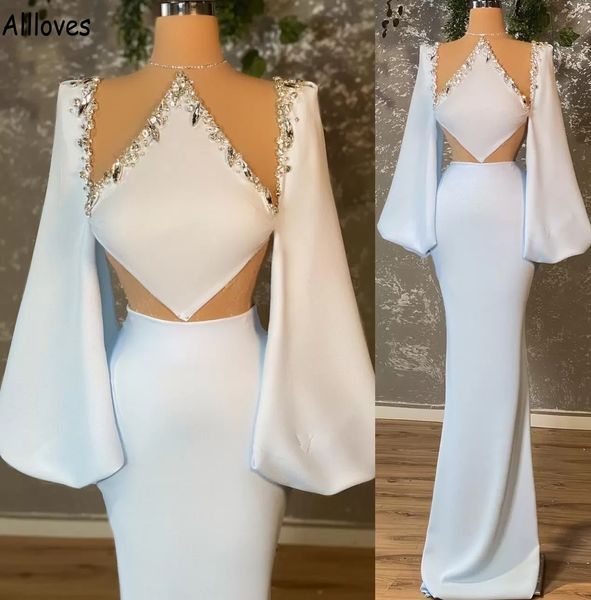 Beyaz saten zarif akşam parti elbiseleri kesilmiş kristaller rhinestones uzun kollu balo elbiseleri modern ve moda arapça aso ebi kadınlar resepsiyon resmi aşınma cl1582