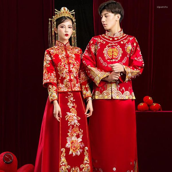 Vestuário étnico vestido de noiva chinês tradicional cheongsam vintage plus size tamanho moderno casal vermelho qipao saia mulher homem tang terno oriental