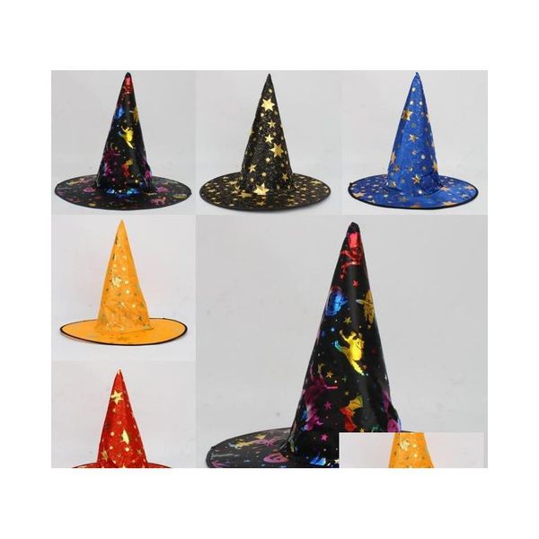 Hats de festa bruxa Cap Cap Colorf Star Print Halloween Festume Party Hats Mulheres Acessório Diabo SN1260 Drop Delivery Home Gard Dhuk8