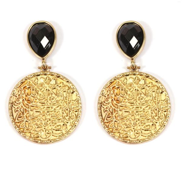 Brincos de aro Design Design Wholesale 18K Gold Black Stone Nomes árabe Declaração Round Drop Women