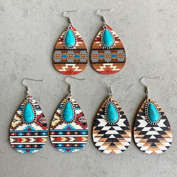 Brincos de bronzeamento de madeira AZTEC Pattern Wood Turquoise Teardrop for Women 2022 Western Inspired Boho Jóias por atacado