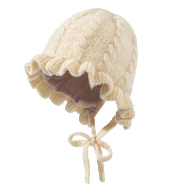 Novo design bebê beanies quentes chapéu chique garotas lótus limar lã de lã forrada chapé de lã de malha de inverno