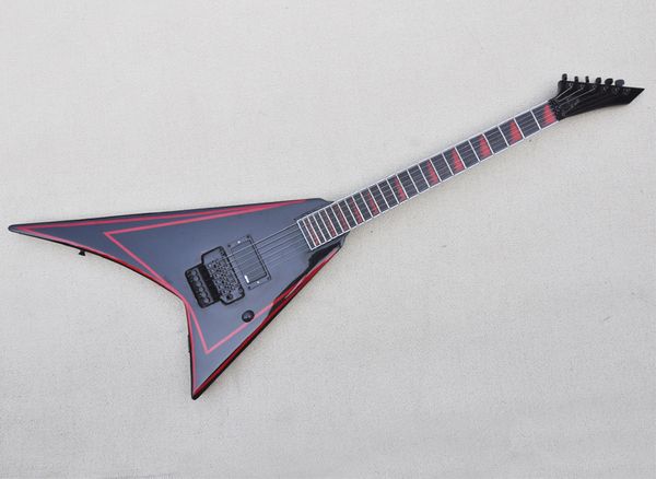 Schwarze V-E-Gitarre mit rotem Aufkleber, Floyd Rose-Palisandergriffbrett, 24 Bünde, kann nach Wunsch individuell angepasst werden