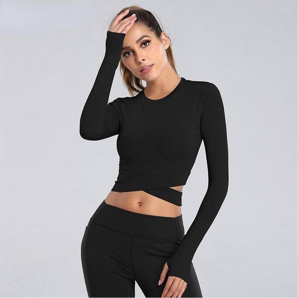 Camicie attive Crop Top Donna Yoga T-shirt Top sportivo solido Manica lunga Corsa Sexy Ombelico esposto Quick Dry Fitness Palestra Abbigliamento sportivo