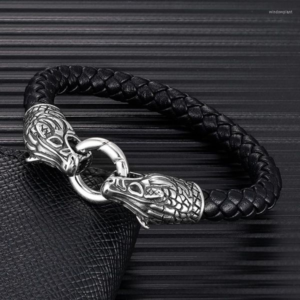 Bracelets de charme mkendn Classic Animal Viking Double Horse Head 316L Aço inoxidável Bracelete de couro masculino Jóias punk Homme