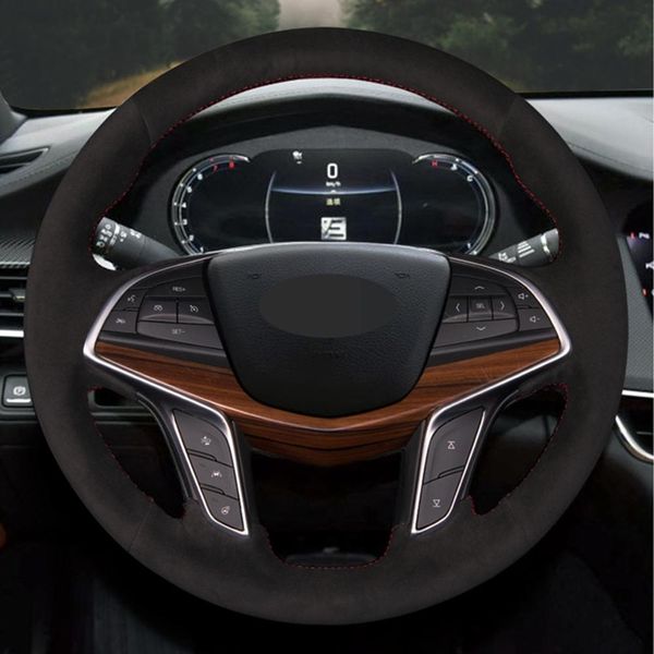 Per Cadillac CT6 2015-2019 XT5 2015-2018 Coprivolante per auto in pelle scamosciata nera cucita a mano fai-da-te