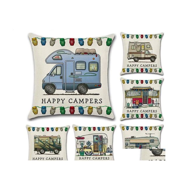 Federa per cuscino Happy Campers Federa per cuscino 45X45 cm Federa per auto da turismo Federa per cuscino in lino Er Home Cafe Decorazioni per ufficio Regalo Wy1437 Drop Dhrih