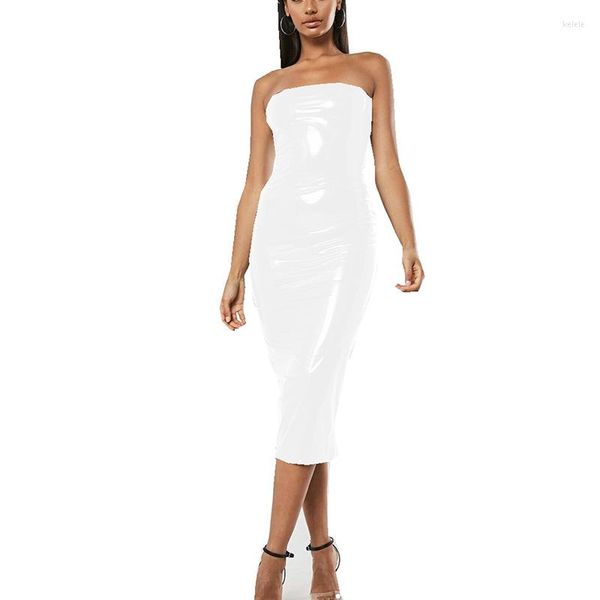 Casual Dresses Plus Size Wet Look PVC Skinny Langes Kleid Frauen Sexy Sommer Schulterfrei Vestido Club Party Bodycon Trägerlos Tube Midi