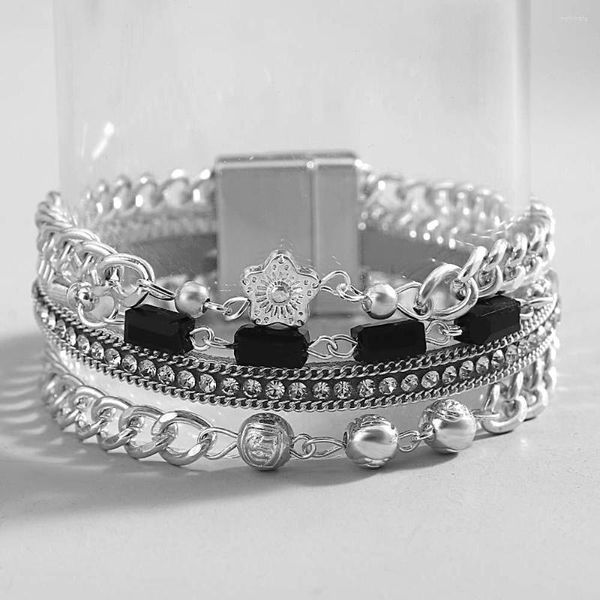 Braccialetti di fascino allelli retrò bracciale in pietra nera boho punk color argento gambola larga gioielli avvolgenti multistrato