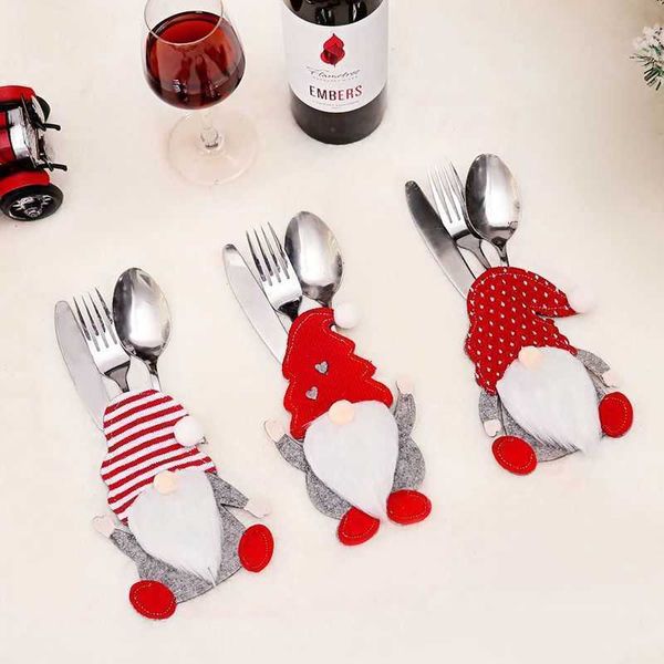 2pcs bonecas sem rosto Papai Noel Claus Tableware Teclare Bag Fork Tower Tower Saco Capa Decorações de Natal para casa 2023 Noel 221214