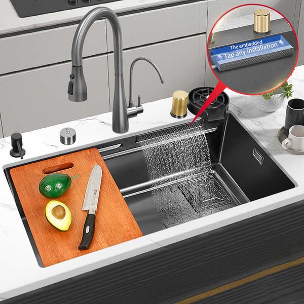 Lavello da cucina Nano nero Lavello a cascata in acciaio inossidabile 304 Vasca singola grande con rubinetto a cascata touch multifunzione