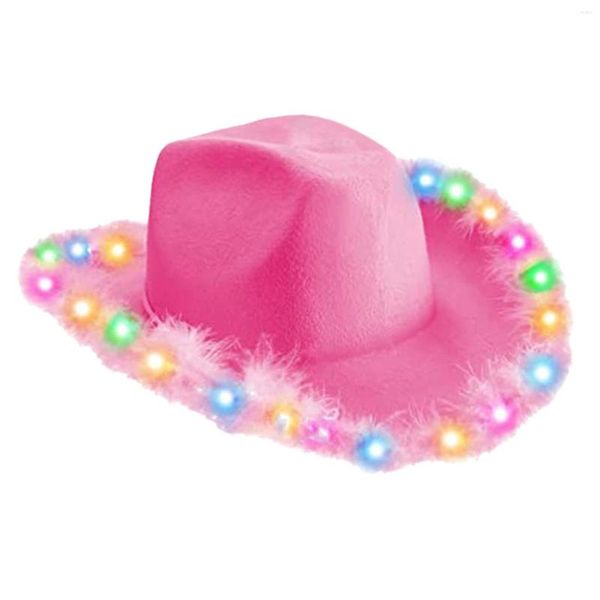 Berets Women Pink Cowboy Hat Комфортный элегантный западный страновой стиль с огнями для Halloweens