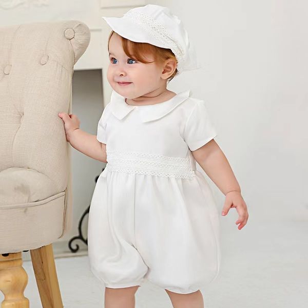 Baptismo vestido de meninos de meninos brancos shorts de uma peça com chapéu dois conjuntos MQ9706