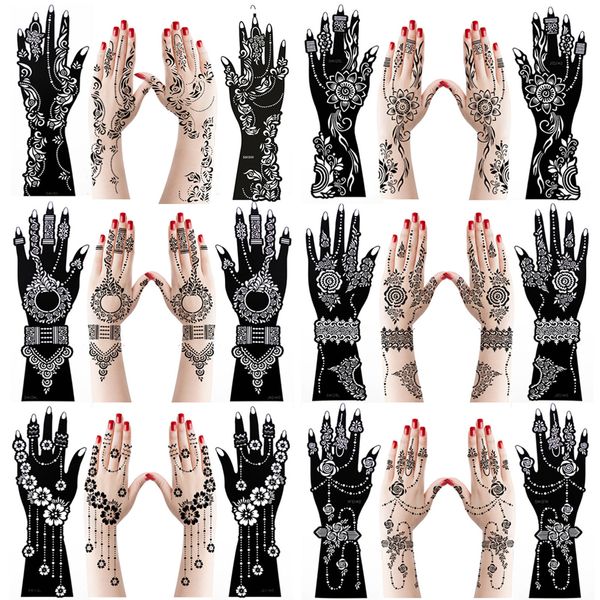 Outra maquiagem permanente de maquiagem 12pcs grande henna tatuagem manual est￪nceis de flor aerbrush mehndi indiano hena modelos de tatuagem est￪ncil para pintura corporal 221208