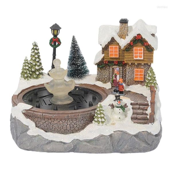 Dekorative Figuren 667A Weihnachtsdorf-Szenen-Ornament Bunte LED-beleuchtete Harz-Schneehaus-Musik-Wasserbrunnen-animierte Statuen