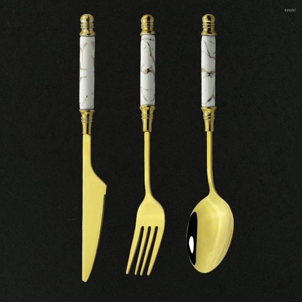 Geschirr-Sets, 3-teiliges Keramikgeschirr, Gabel, Löffel, Messer-Set, Vintage-Flachwasserbesteck, Edelstahl, weißer Marmorgriff