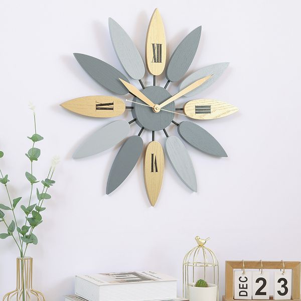 Relógio de parede exclusivo de 52 cm de parede nórdico padrão de folha de folha mudo