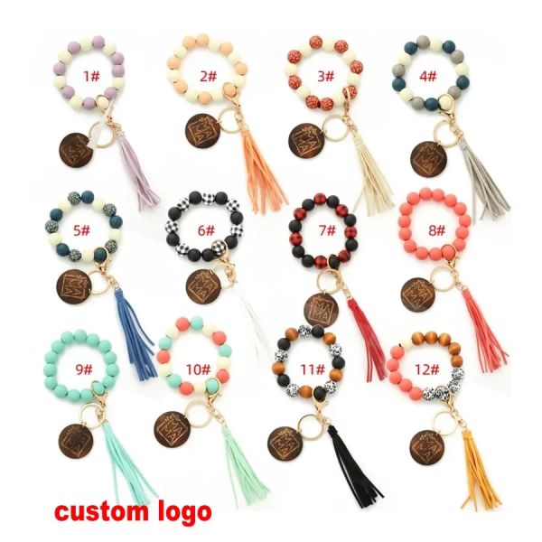 Favor Favor Favor Leopard Wood Breads Bracelet Keychain Women Leather Tassel Pulsel Chain Key Chain for Gift Mama Letters Wholesale FY2577