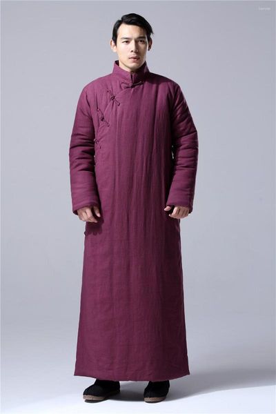 Roupas étnicas homens inverno chinês chinês tradicional longa algodão vestido de túnica sólida mandarim colar cardigan botão retro hanfu topssshirt