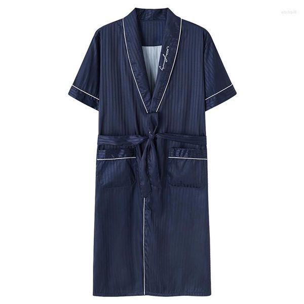 Männer Nachtwäsche Seide Satin Herren Robe Kurzarm Gestreiften Bademantel Sexy V-ausschnitt Kimono Nacht Bad Mode Morgenmantel Für Männer