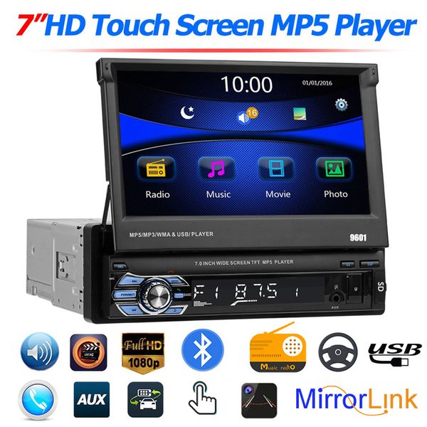 Autoradio retrattile 1 DIN 7 pollici Autoradio Radio MP5 Bluetooth/USB/TF/Aux-in HD Touch Screen Cassetta Telecamera posteriore