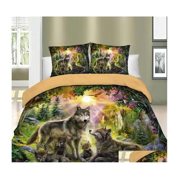 Conjuntos de cama 3D Lençóis de cama Wolf Edredom Er Set Animal Print Single Twin Fl Queen King Euro Colcha Com Fronhas Drop Delivery Home Dhobv