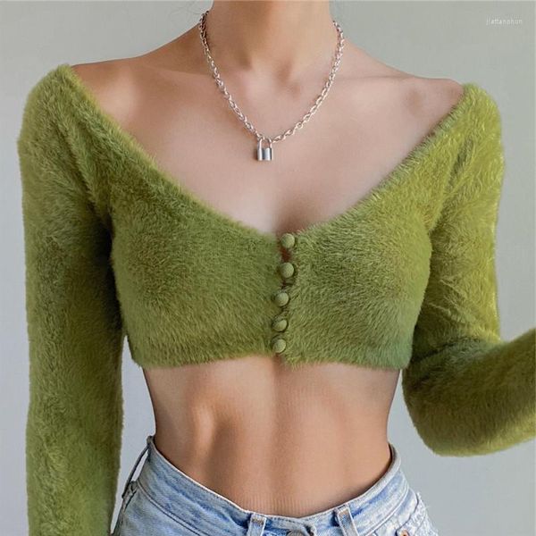 Blusas femininas primavera outono verde de Velvet Crop Top para mulheres de manga comprida tops elegantes cortados Button Up Cardigan Streetwear