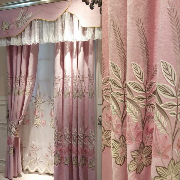 Cortinas de cortina para sala de jantar quarto quarto rosa espessante chenille alívio bordado menina vidraça de janelas da porta simples