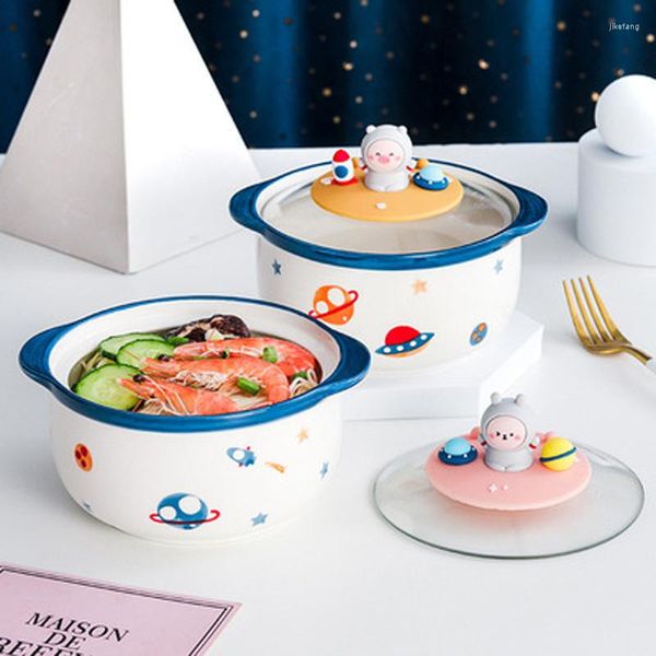 Ciotole Creative Ceramic Cartoon Instant Noodle Bowl con coperchio Stoviglie da cucina Insalata di frutta Porta cellulare veloce