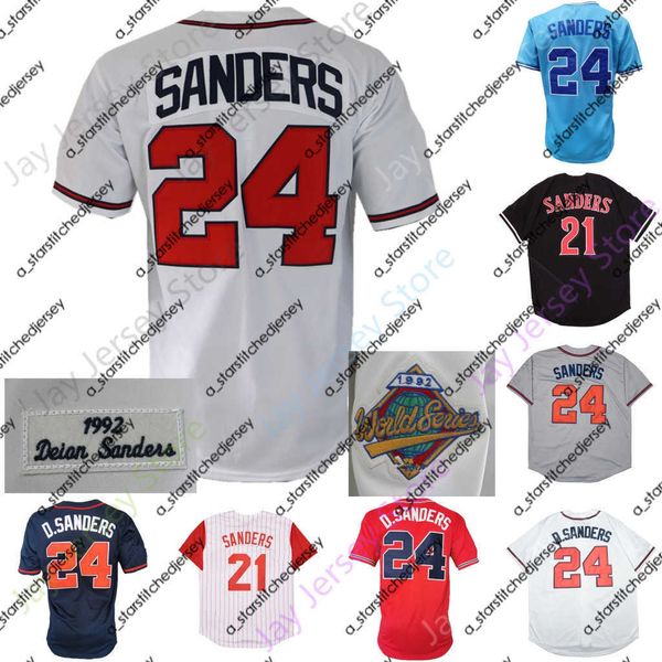 Maglie da baseball 24 Maglia Deion Sanders Vintage 1992 Bianco 21 Baby Blue Nero Crema Navy Grigio Rosso Pullover senza maniche gessato