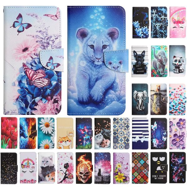 Flor Butterfly Leather Cartlet Casos para iPhone 14 Pro Max 13 mini 12 11 xs xr 7 8 Cartoon Print Cat Tiger Bow Dog Card Slot Slot Flip Bolsa