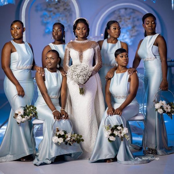 Sexy afrikanische nigerianische hellblaue Meerjungfrau-Brautjungfernkleider für Frauen, appliziert, Übergröße, Juwelenausschnitt, bodenlang, Hochzeitsgast-Partykleider für Hochzeiten