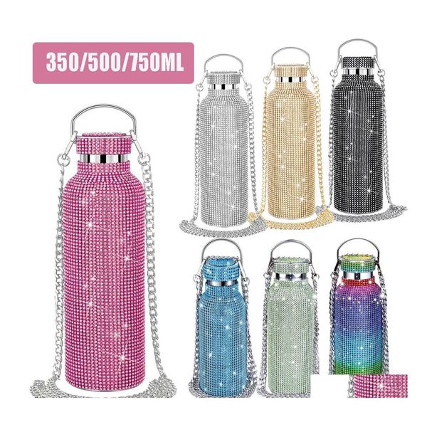 Bottiglie d'acqua Bling Diamond Thermos Bottiglia portatile con glitter Borsa a tracolla termica in acciaio inossidabile 350 ml 500 ml 750 ml 221018 Drop De Dh3Tu