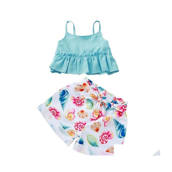 Conjuntos de roupas Girls Cotton Blends Blue Tops e cal￧as impressas de casca conjunto TwoPiece Children Suspender Belt Pant Short Suit de Crian￧as Dhmn0