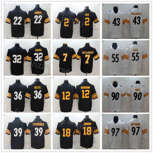 Uomini Calcio 43 Troy Polamalu Maglie 55 Devin Bush 75 Joe Greene 90 TJ Watt 92 James Harrison 97 Cameron Heyward 2 Mike Vick 18 Diontae Johnson Najee Harris Nero Bianco