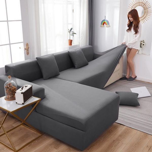 Tampas de cadeira Caminho de couro cinza Conjunto de elástica elástica para o sofá de sala de estar canto seccional L Móveis de forma