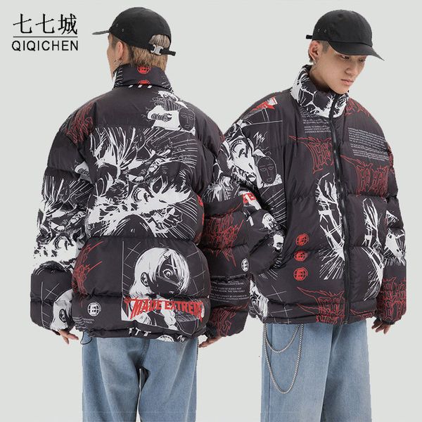 Men S Abaixo Parkas Winter Warm Jacket Men Comics Graffiti Street Harajuku engross Zipper Stand Collar Gold Solded Loose Casual Unitisex 221208