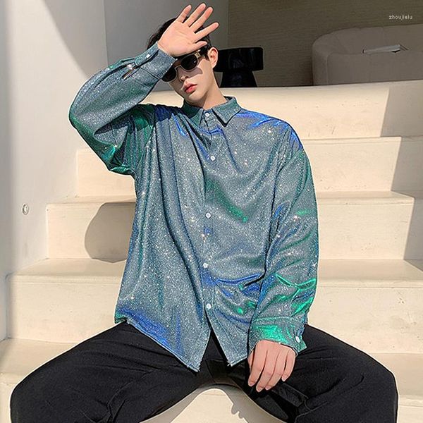 Camicie casual da uomo 2022 Camicia a maniche lunghe lucida serica moda estiva da uomo Harajuku Camicetta vintage lucida polarizzata luce verde bagliore