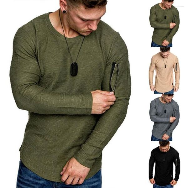 Herren-T-Shirts, langärmelig, Rundhalsausschnitt, Tasche, Reißverschluss, T-Shirt, einfarbig, Pullover, mehrere Farben