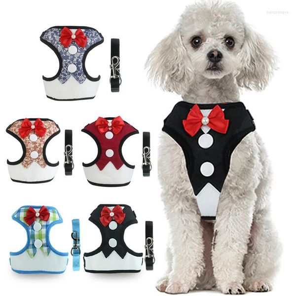 Collari per cani Set di imbracatura e guinzaglio Cucciolo di nylon Gilet piccolo con abito formale Bowknot per cani Chihuahua da festa di nozze